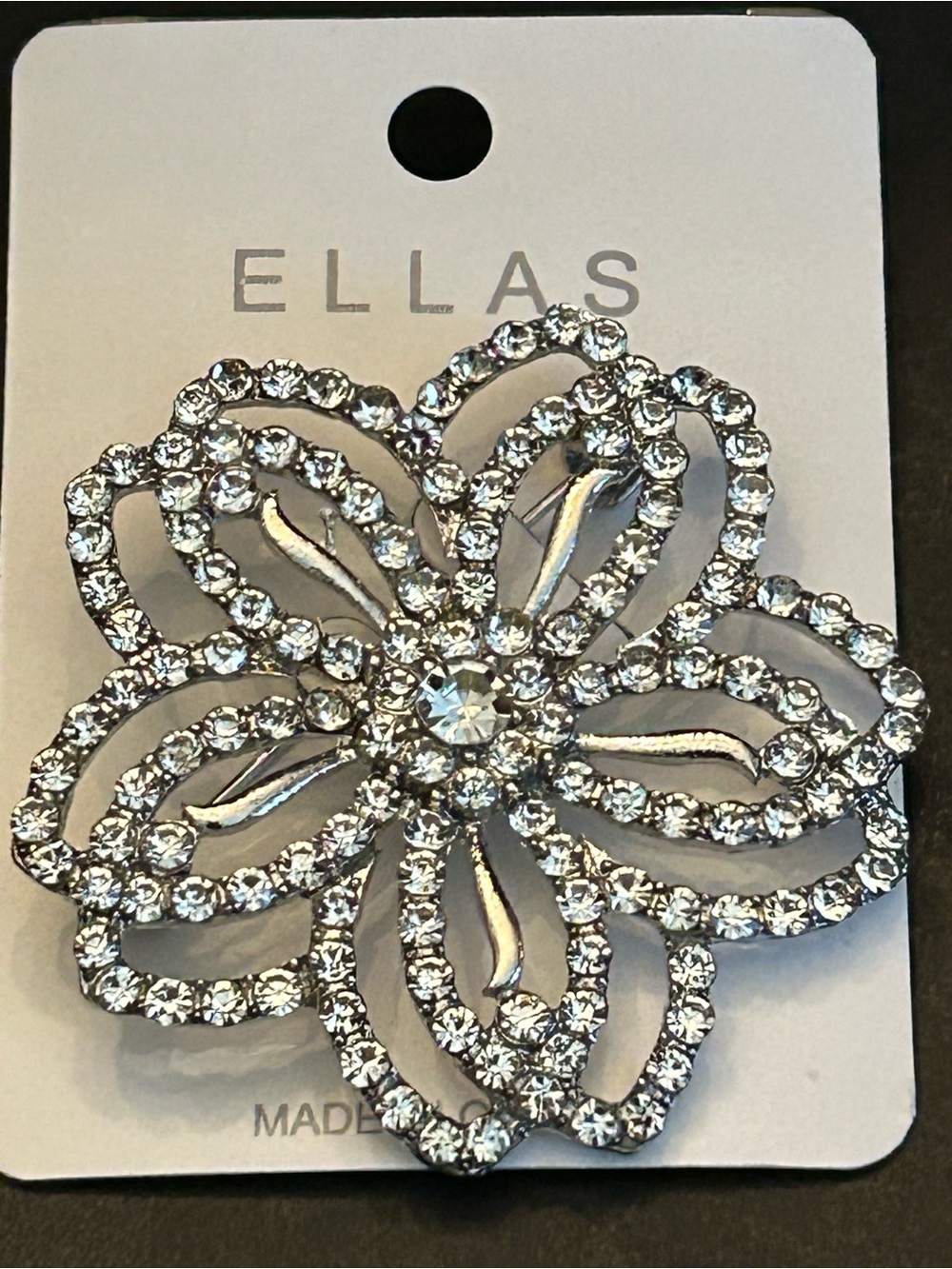 Ellas Silver Floral Crystal Brooch - Clear Rhinestones